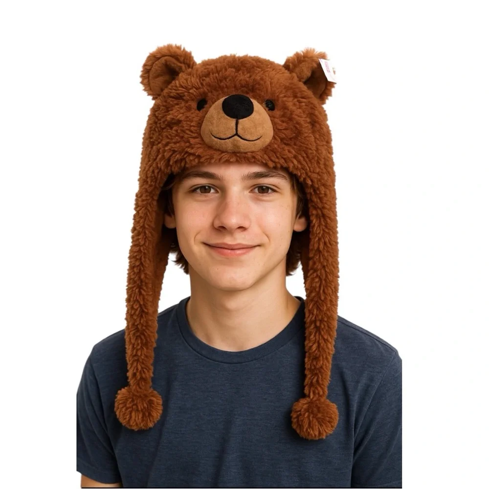 New DolliBu Brown Plush Bear Hat With Ear Flaps